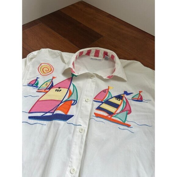 David Brooks Vintage Nautical Embroidered Shirt Retro Coastal 80s Sailboat Sze 6 - Picture 2 of 7